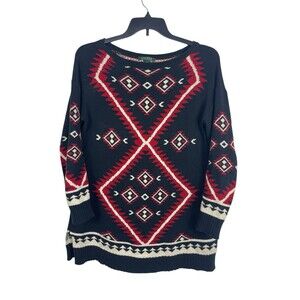 Lauren Ralph Lauren Southwestern Aztec Black Red Knit Sweater Womens M READ